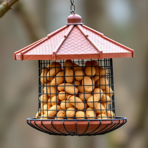 Peanuts offered in mesh bird feeder