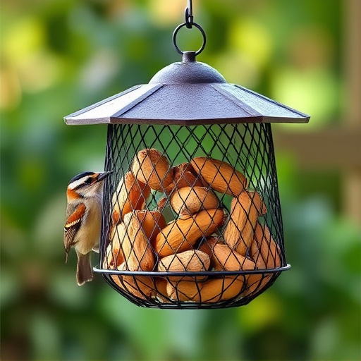 Peanuts offered in mesh bird feeder