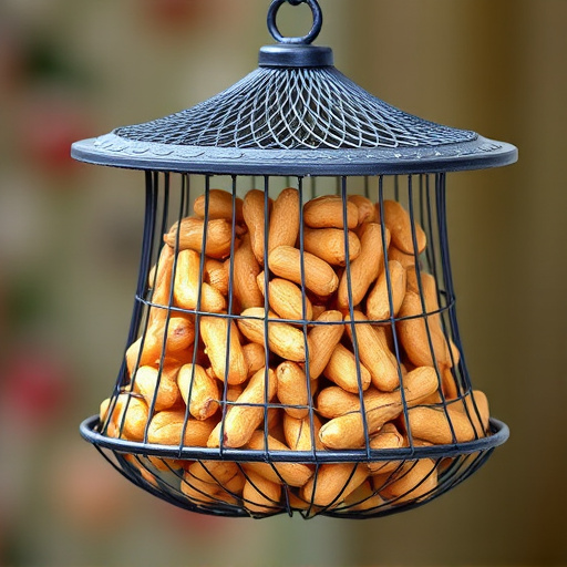 Peanuts offered in mesh bird feeder