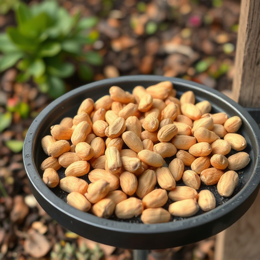 Peanuts scattered on garden feeding tray
