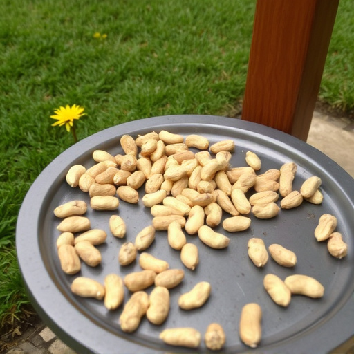 Peanuts scattered on garden feeding tray