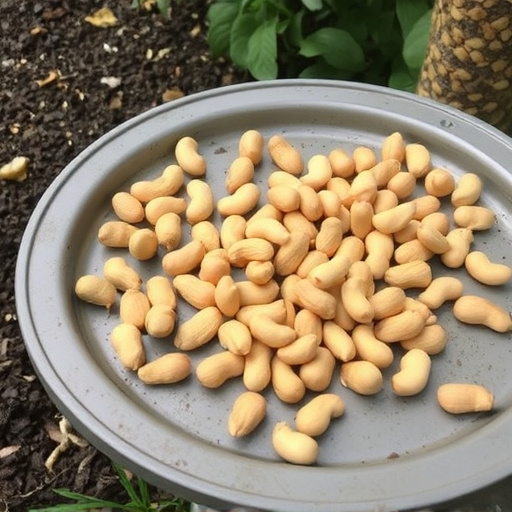 Peanuts scattered on garden feeding tray