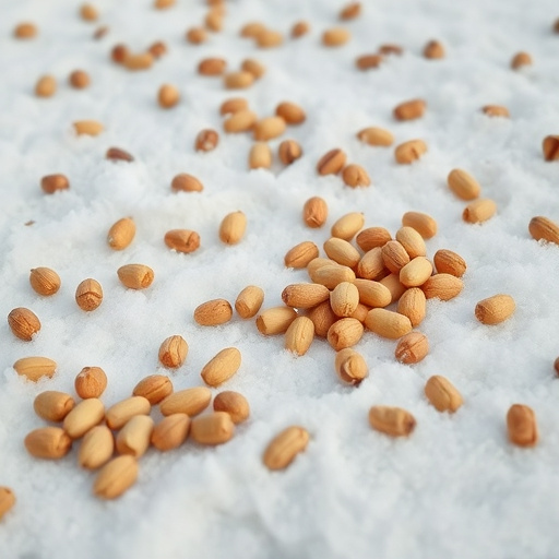Peanuts scattered on snowy ground