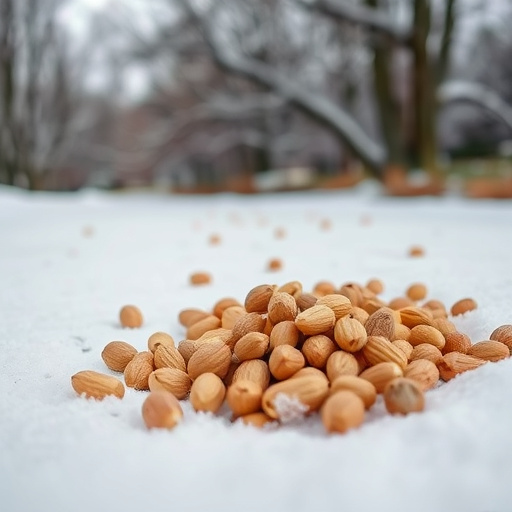 Peanuts scattered on snowy ground