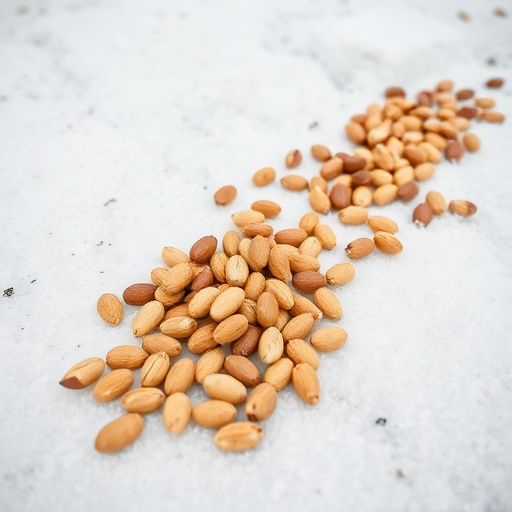 Peanuts scattered on snowy ground