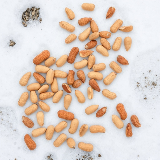 Peanuts scattered on snowy ground