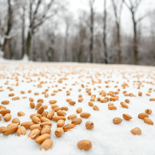 Peanuts scattered on snowy ground