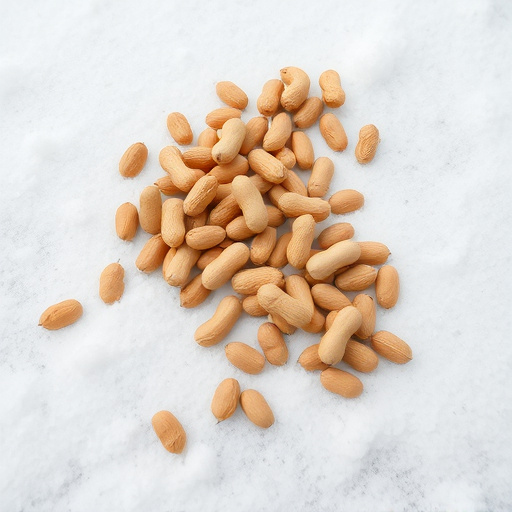 Peanuts scattered on snowy ground