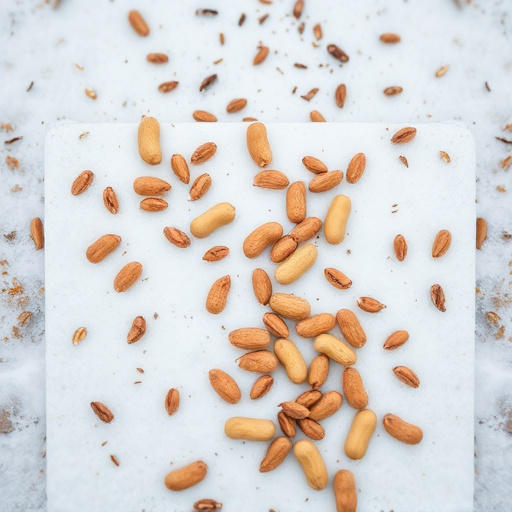 Peanuts scattered on snowy ground