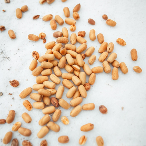 Peanuts scattered on snowy ground