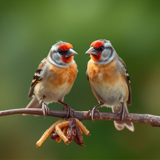 Perching finches enjoying dried mealworms
