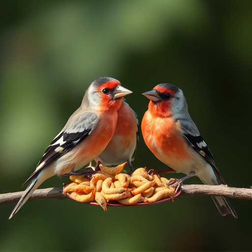 Perching finches enjoying dried mealworms