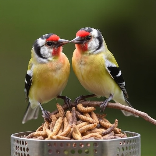 Perching finches enjoying dried mealworms