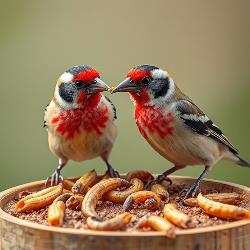 Perching finches enjoying dried mealworms