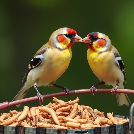 Perching finches enjoying dried mealworms