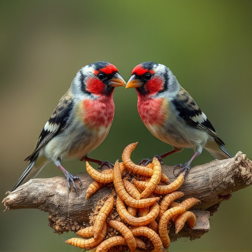 Perching finches enjoying dried mealworms