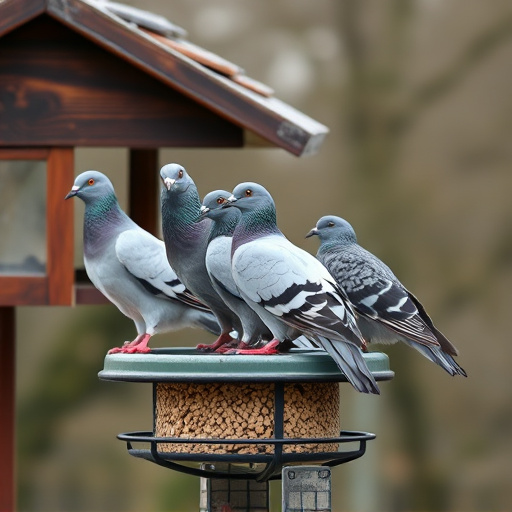 Pigeons perched near protected feeder