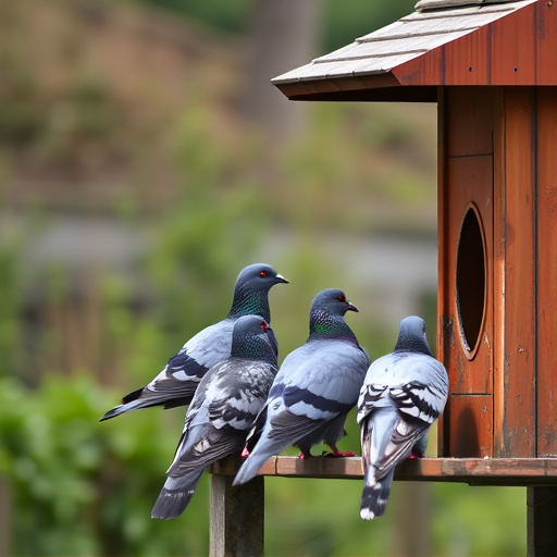 Pigeons perched near protected feeder