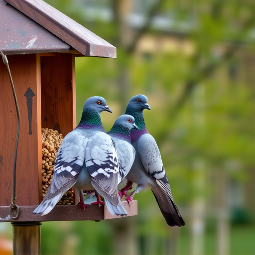 Pigeons perched near protected feeder
