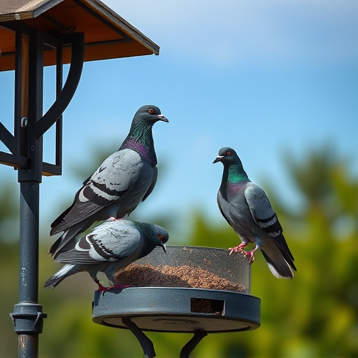 Pigeons perched near protected feeder