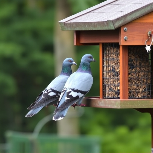 Pigeons perched near protected feeder