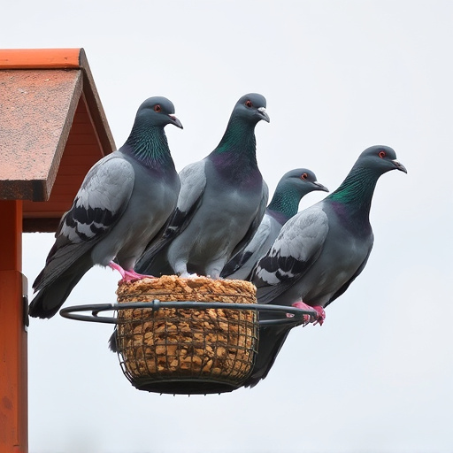 Pigeons perched near protected feeder