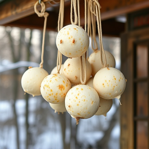 Processed suet balls hanging outside