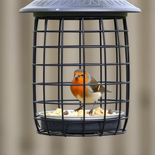 Protective cage around bird feeder entrance