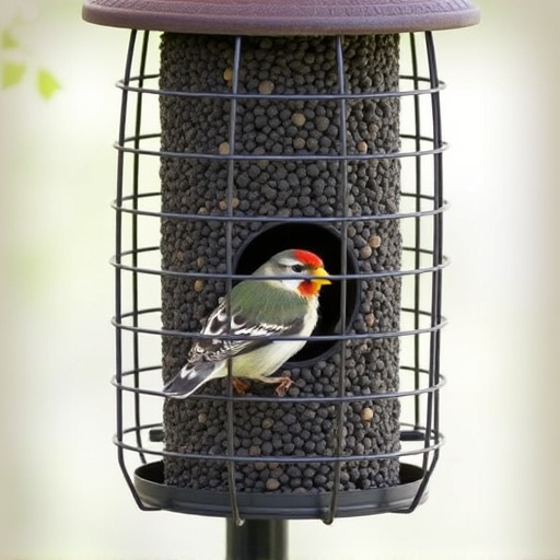 Protective cage around bird feeder entrance