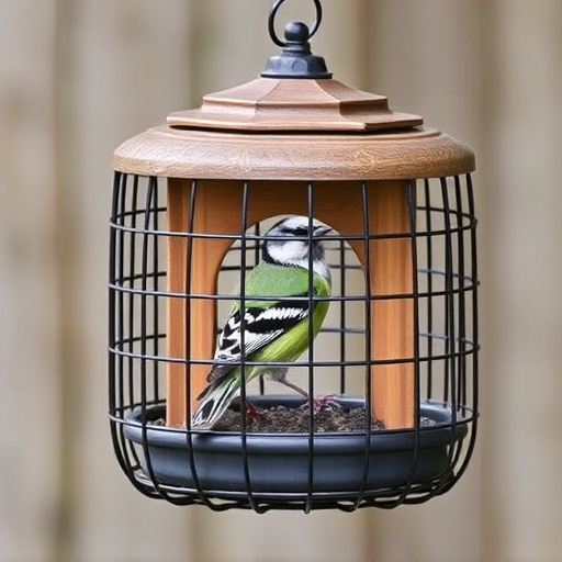 Protective cage around bird feeder entrance