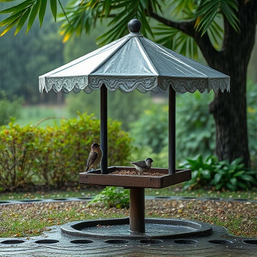 Rain cover sheltering ground bird feeding station