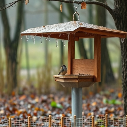 Rain cover sheltering ground bird feeding station
