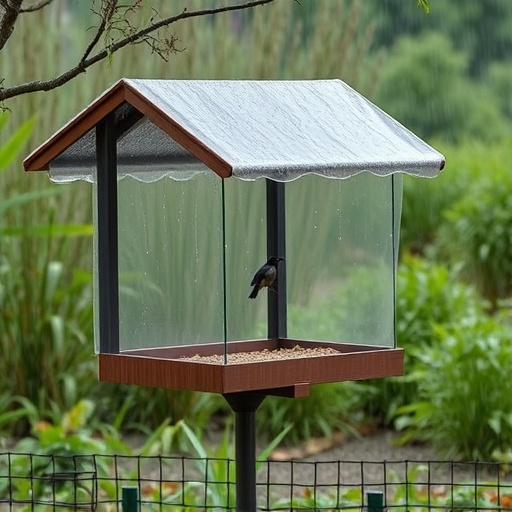 Rain cover sheltering ground bird feeding station