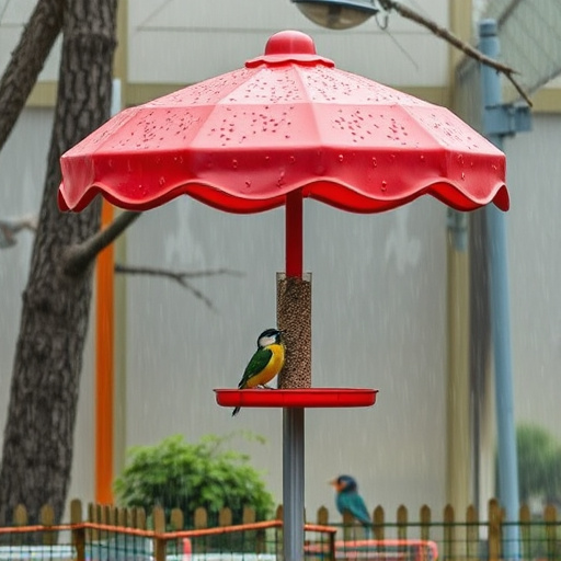 Rain cover sheltering ground bird feeding station