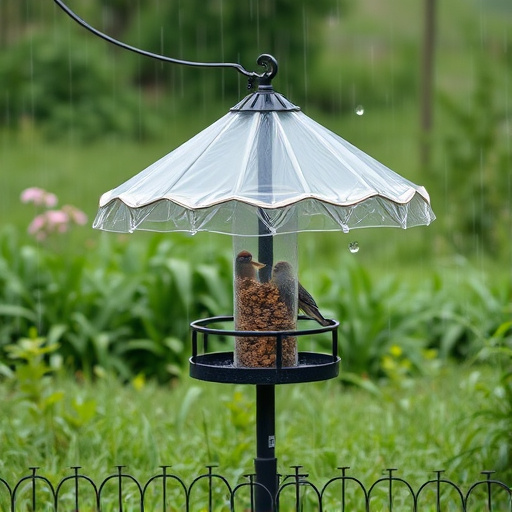 Rain cover sheltering ground bird feeding station