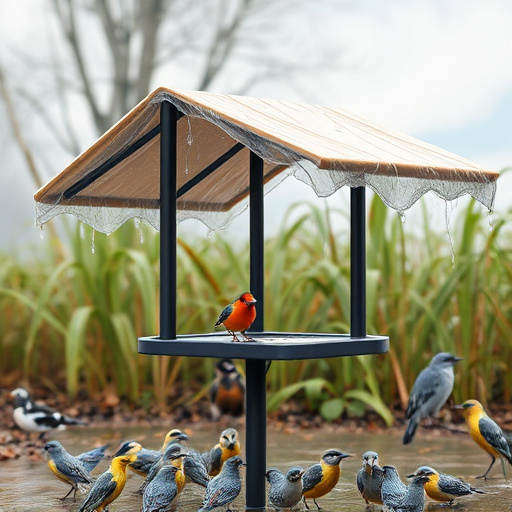 Rain cover sheltering ground bird feeding station