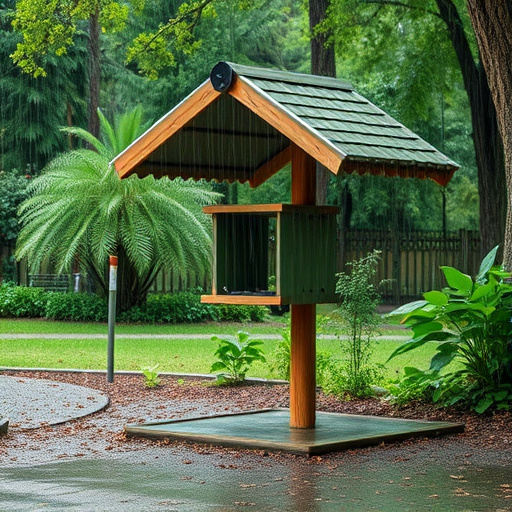 Rain cover sheltering ground bird feeding station
