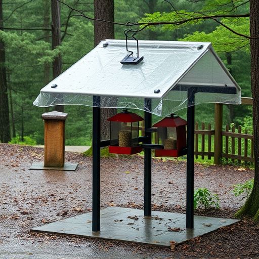 Rain cover sheltering ground bird feeding station