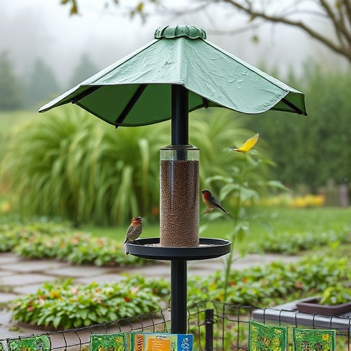 Rain cover sheltering ground bird feeding station