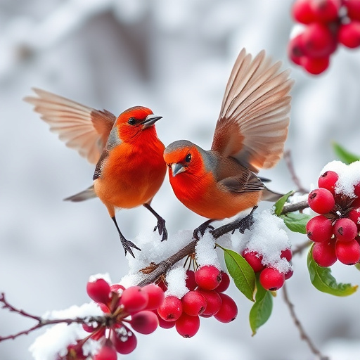 Redwings feeding on berries in snow