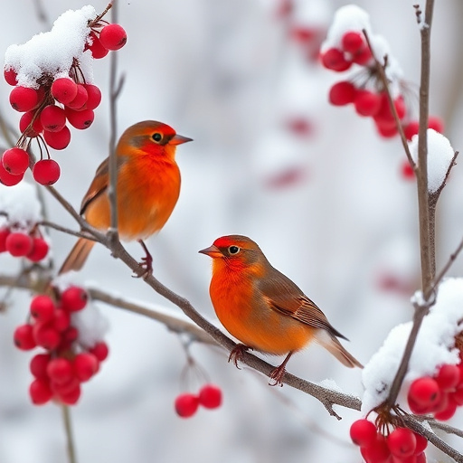 Redwings feeding on berries in snow