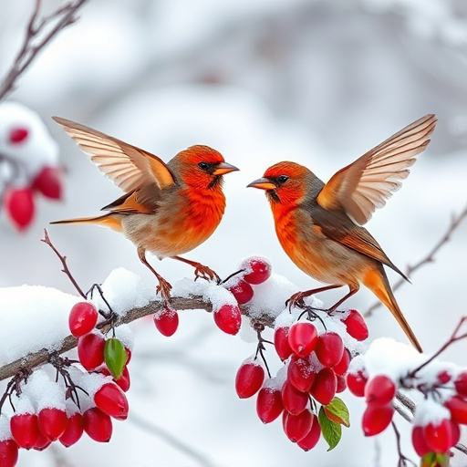 Redwings feeding on berries in snow