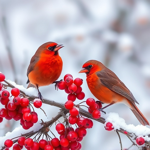 Redwings feeding on berries in snow