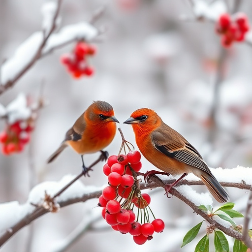 Redwings feeding on berries in snow