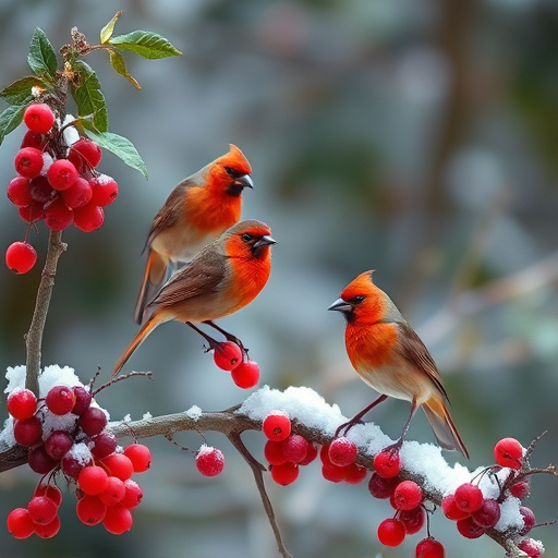 Redwings feeding on berries in snow
