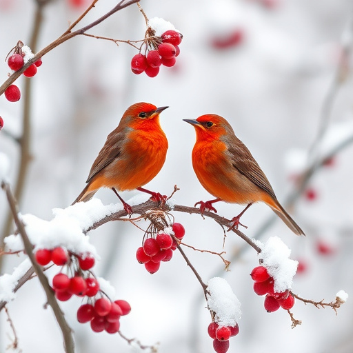 Redwings feeding on berries in snow