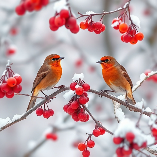 Redwings feeding on berries in snow