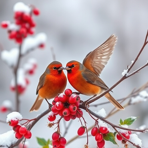 Redwings feeding on berries in snow