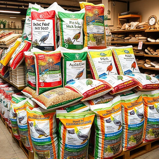 Retail display of bulk bird seed bags