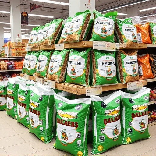 Retail display of bulk bird seed bags